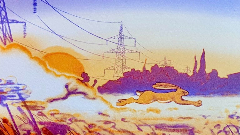 Illustration of hare running with person close behind. Dark landscape in background with electricity pylons